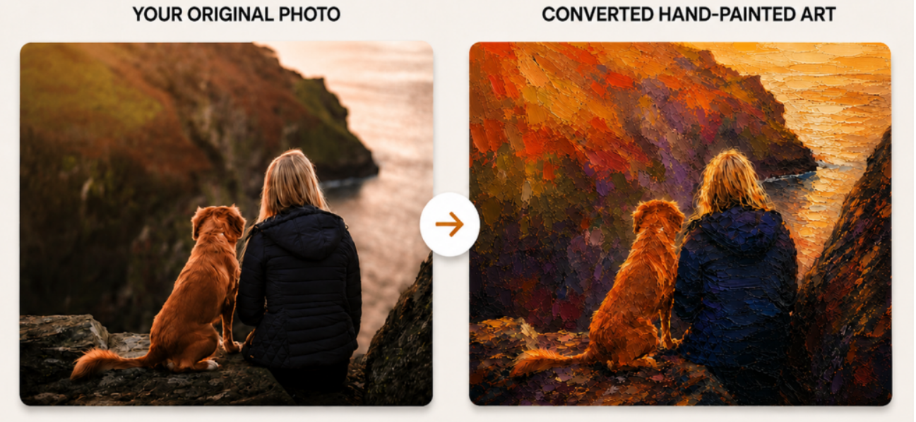 A woman and her dog overlooking the coast, converted into textured hand-painted art, with service benefits