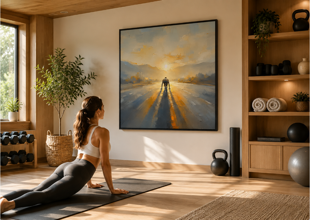 A sunlit home gym with a large hand-painted artwork above a woman exercising